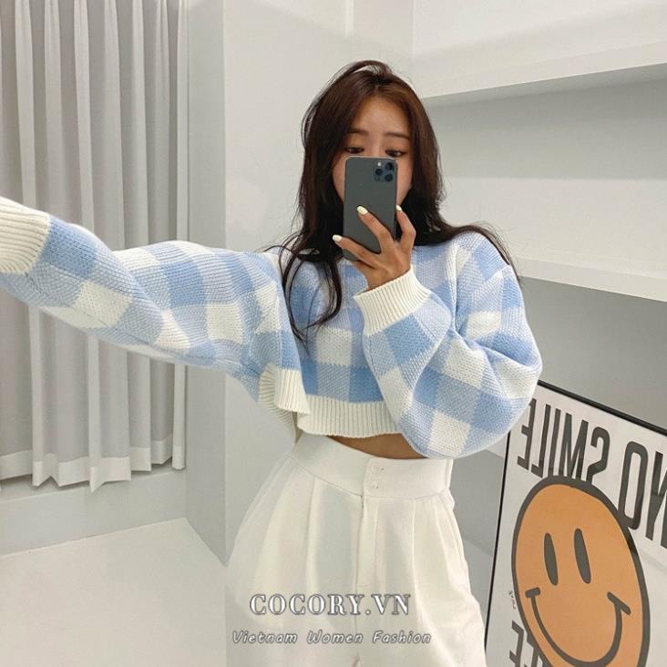 Cocory vn Áo croptop dệt kim tay dài dáng rộng kẻ sọc caro thời trang Hàn Quốc 3 màu tùy chọn !