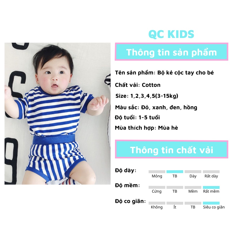 Quần áo trẻ em sơ sinh 0 12 tháng QC-KIDS, bộ body cho bé trai bé gái mùa hè cộc tay chất cotton mẫu kẻ 3-15kg