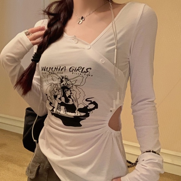 SUXI Áo Thun Tay Dài Dáng Ôm In Chữ Thời Trang Quyến Rũ Cho Nữ