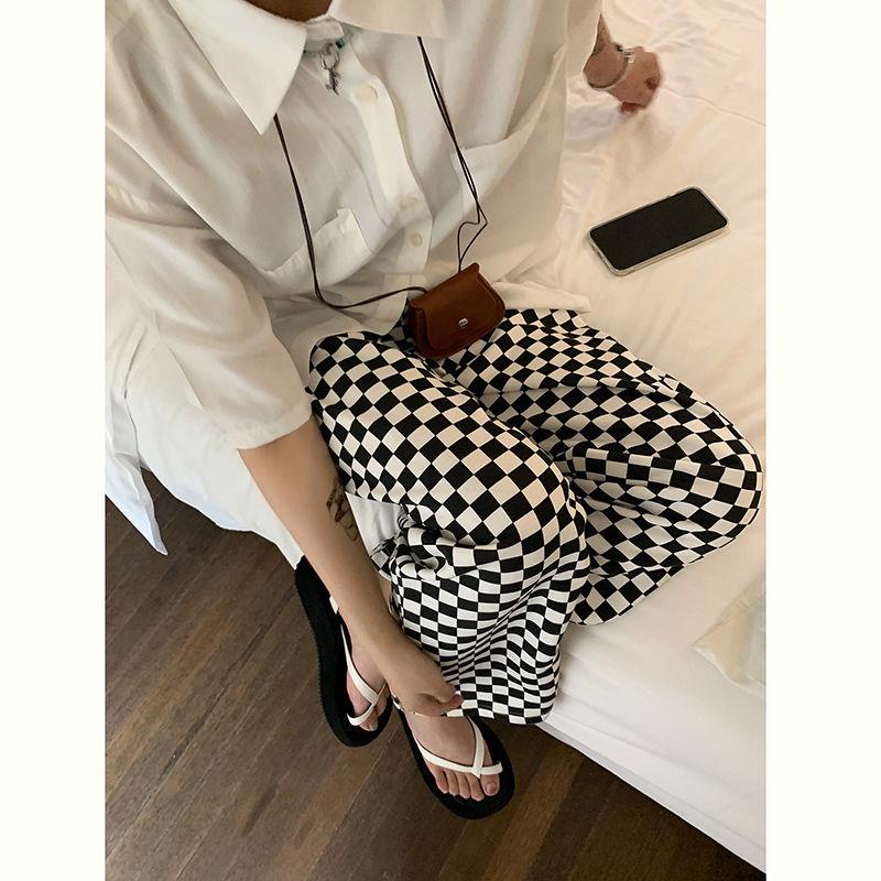 ☽Quần dài ống rộng họa tiết sọc caro cá tính cho nữ