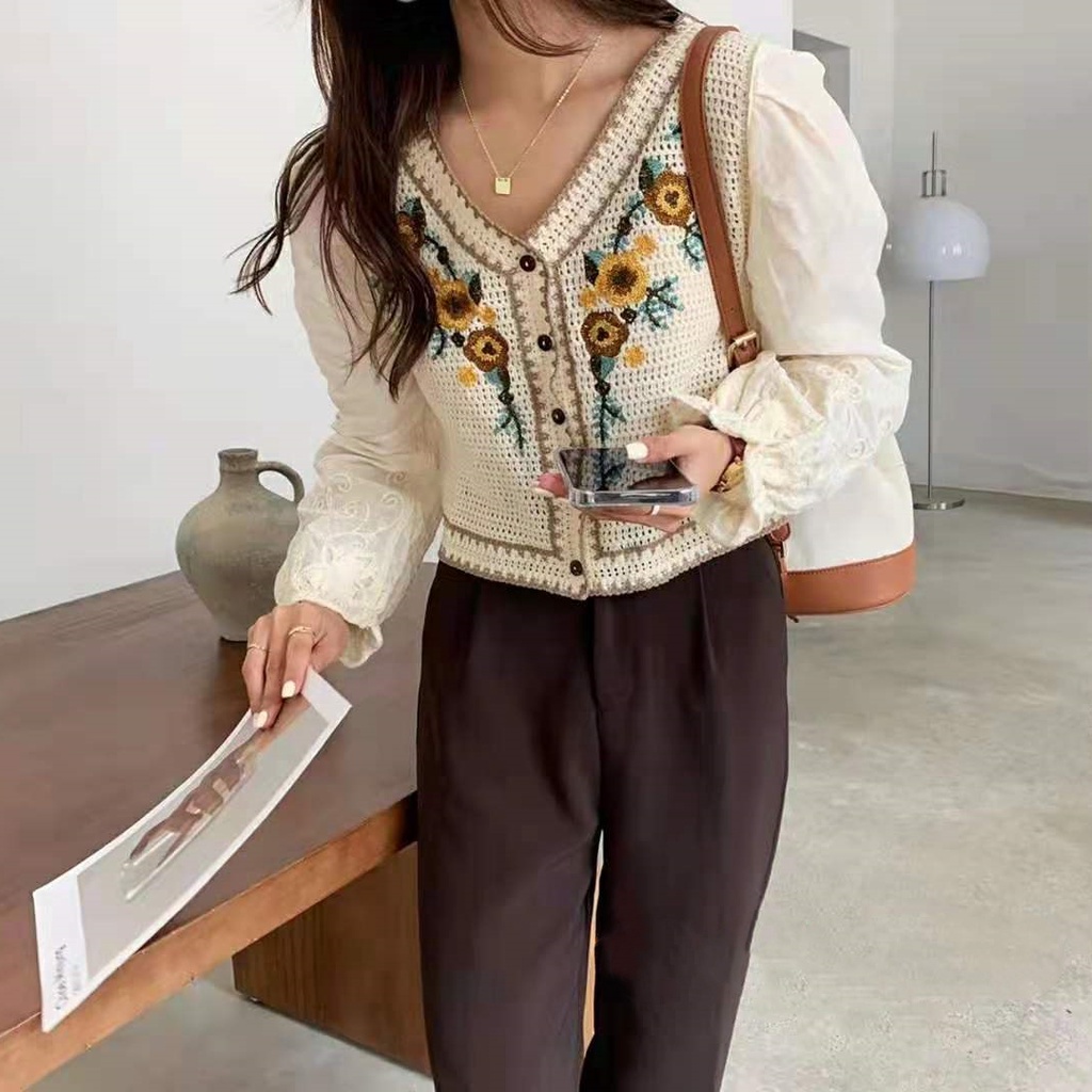 SUXI Áo Sơ Mi Dài Tay Cổ Chữ V Thêu Trang Trí Phong Cách Retro Thời Trang Mùa Thu Dành Cho Nữ