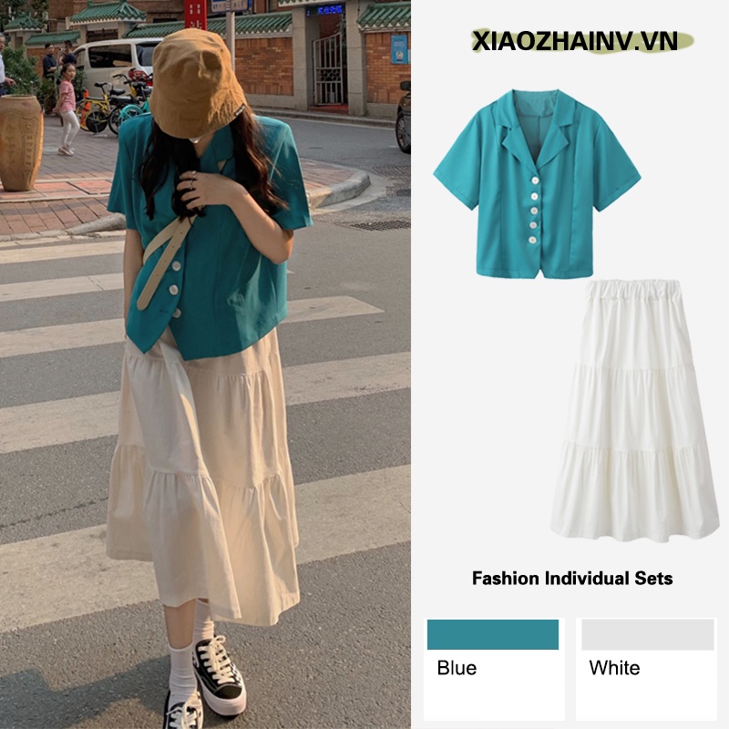 Xiaozhainv Áo khoác Blazer/ chân váy chữ A lưng cao màu trơn thời trang Hàn Quốc cho nữ