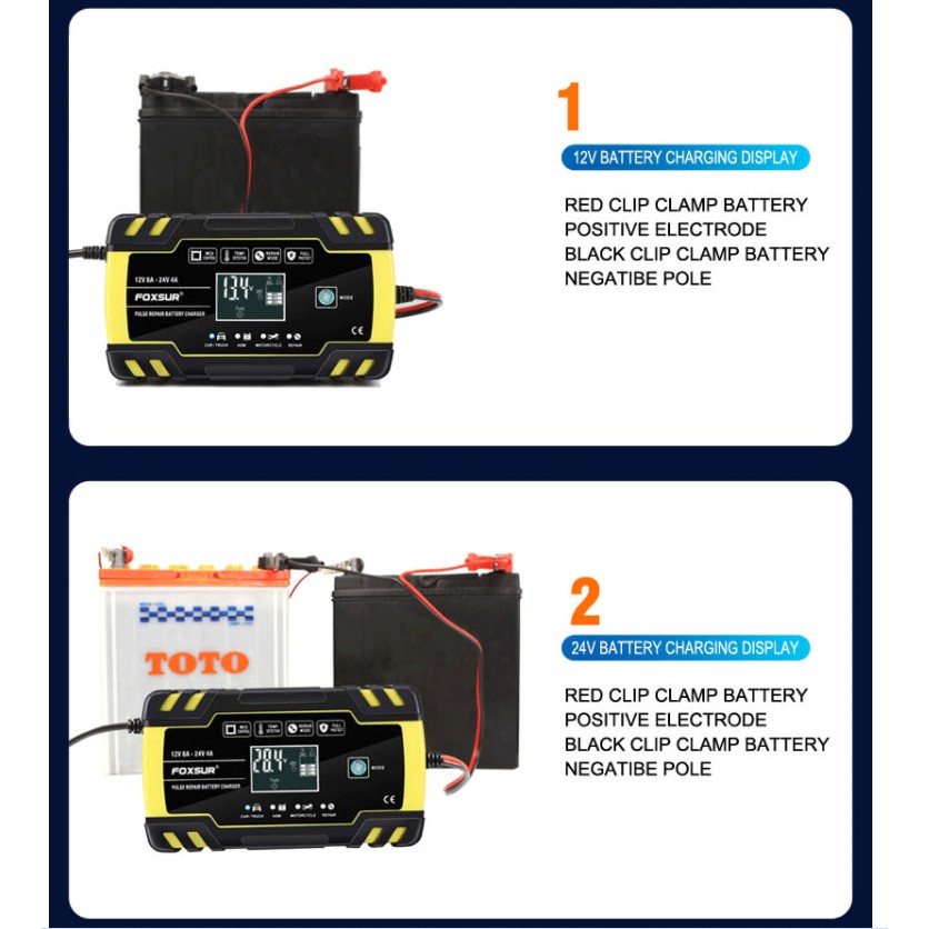 Sạc bình ắc quy 12V 24V 6Ah - 150Ah FOXSUR tự ngắt khi đầy chức năng bảo dưỡng phục hồi ắc quy bằng khử sunfat