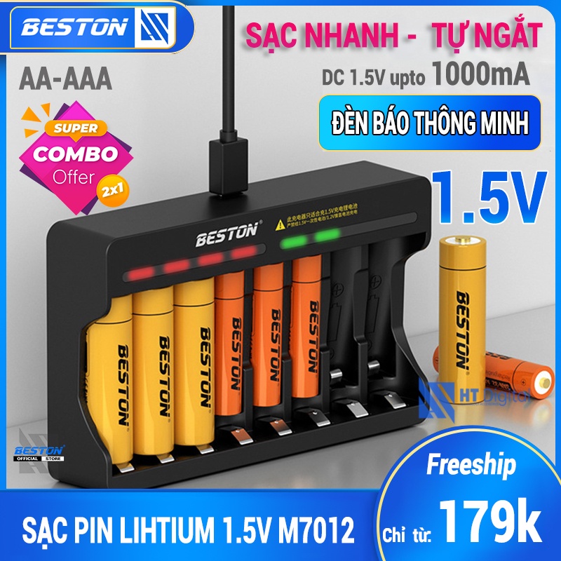 Bộ sạc pin Beston 8 khe AA/AAA 1.5v Lithium M7012 sạc nhanh tự ngắt cao cấp cho Micro, đồ chơi, remote, đèn flash