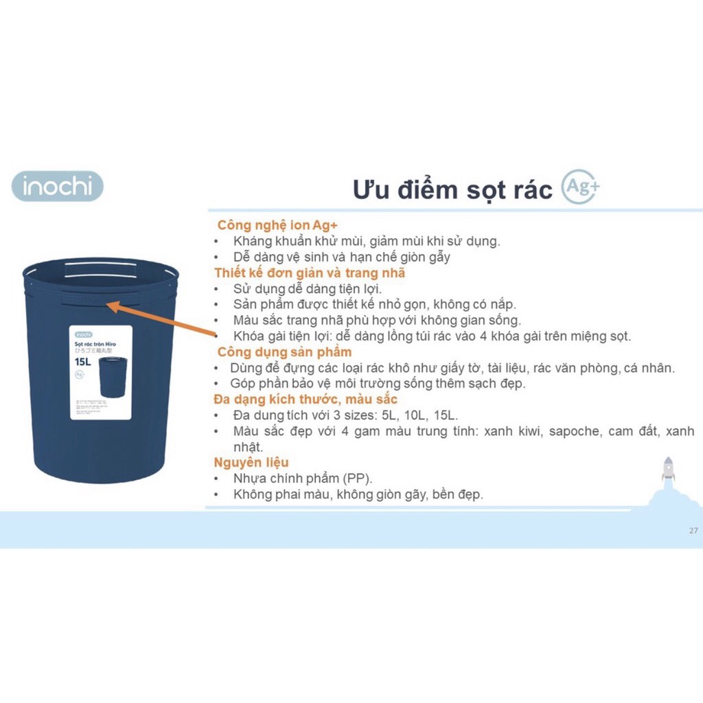 Thùng Rác Hiro Inochi Mẹ Bé Pinus, Sọt Rác Văn Phòng, Bếp, Nhà Tắm Inochi Không Nắp Dung Tích 5, 10, 15 Lit