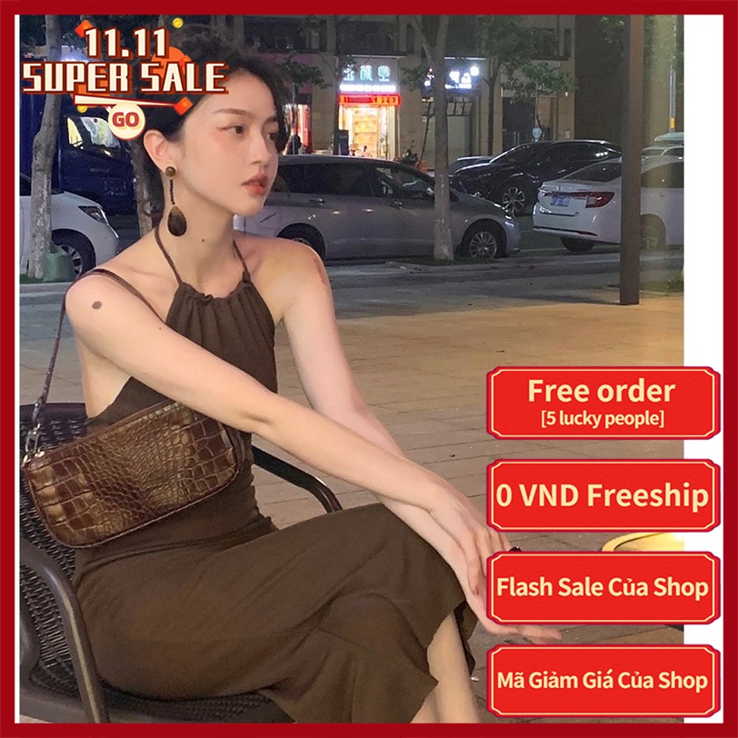 [ Mã 11FASHIONSALE1 giảm 10K đơn 50K ] 【Cocory】 Đầm Maxi Dệt Kim Hở Lưng Phong Cách Cổ Điển Gợi Cảm Cho Nữ