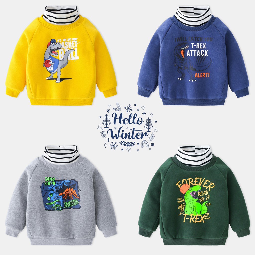 Áo nỉ cho bé WELLKIDS áo nỉ dài tay cổ lọ 5 phân 2 lớp dày dặn họa tiết khủng long thu đông 2021