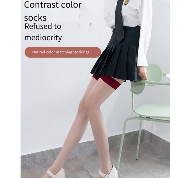 Vớ Lụa Cao Qua Gối Siêu Mỏng Màu Sắc Tương Phản 1D Phong Cách Preppy Cho Nữ