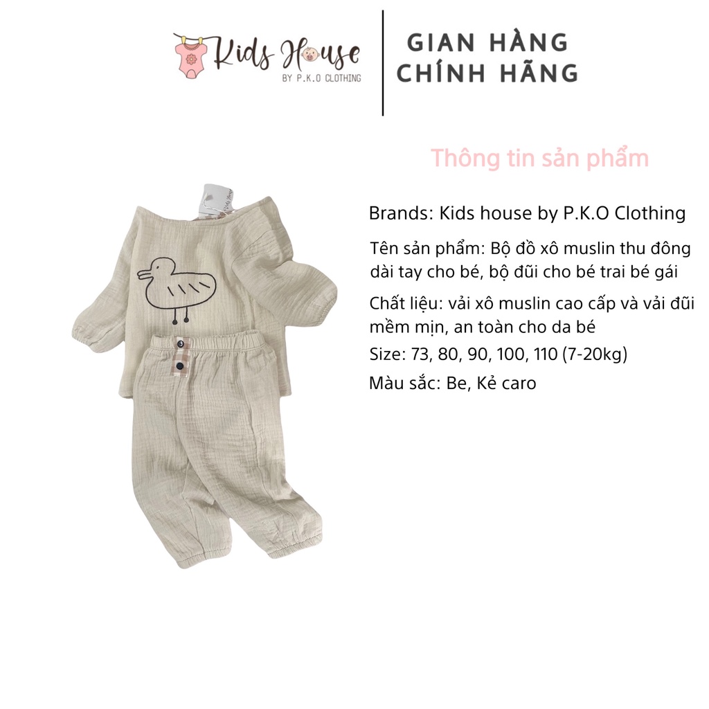 Bộ xô muslin và đũi kẻ dài tay thu đông thời trang cho bé