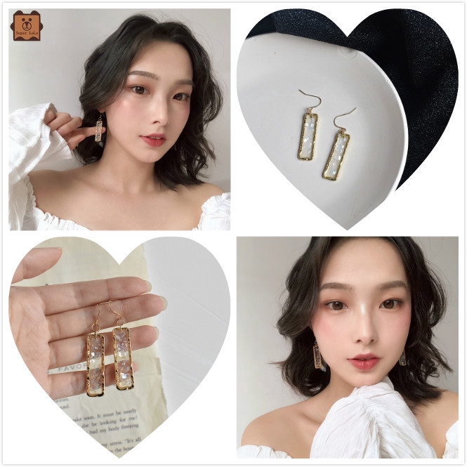 Hoa tai kim loại dáng dài thiết kế hình chữ nhật phối đá lấp lánh