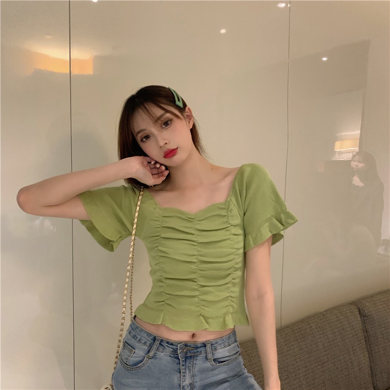 Áo kiểu ZHELIHANGFEI tay ngắn cổ vuông phong cách Pháp thời trang 2022 dành cho nữ