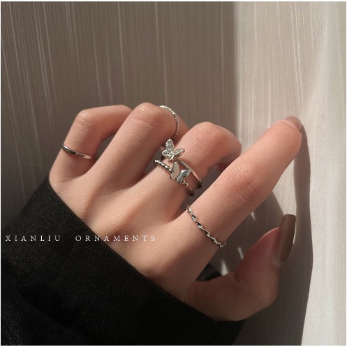 Bộ nhẫn iF YOU màu vàng mặt bướm đính đá phong cách Hàn Quốc