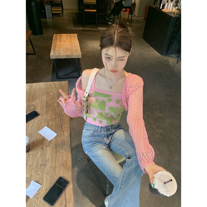 Hàng Mới Nhất Áo cardigan Dệt Kim Mỏng + Áo Hai Dây Dáng Ngắn Cho Nữ