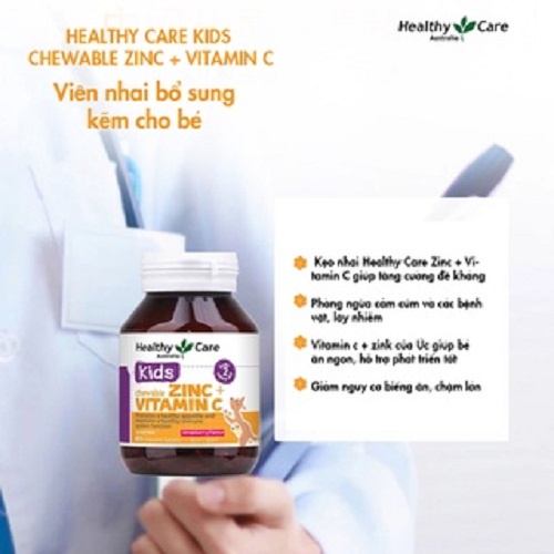 Viên Nhai Bố Sung Kẽm Healthy Care Zinc Vitamin C 60 viên Hồi Phục Sức Khỏe, Tắng Sức Đề Kháng Cho Bé