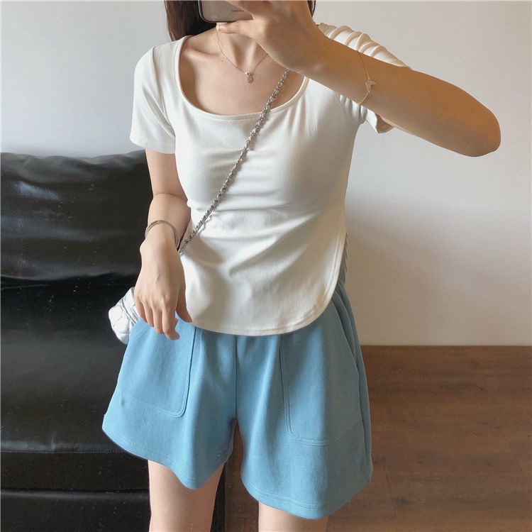 Áo thun RENJIANVSHENG 168520 tay ngắn màu trơn đơn giản kiểu dáng hợp thời trang