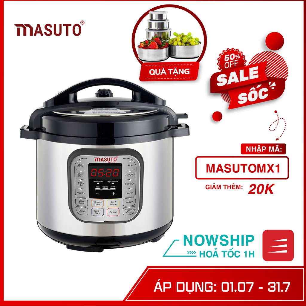 [MUA 1 TẶNG 1] Nồi áp suất điện tử đa năng Masuto công nghệ Nhật nấu cơm cháo hầm nhừ cực nhanh ruột Inox 304 siêu
