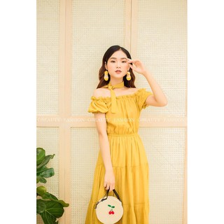 G beauty Đầm Maxi Vàng Và Trắng