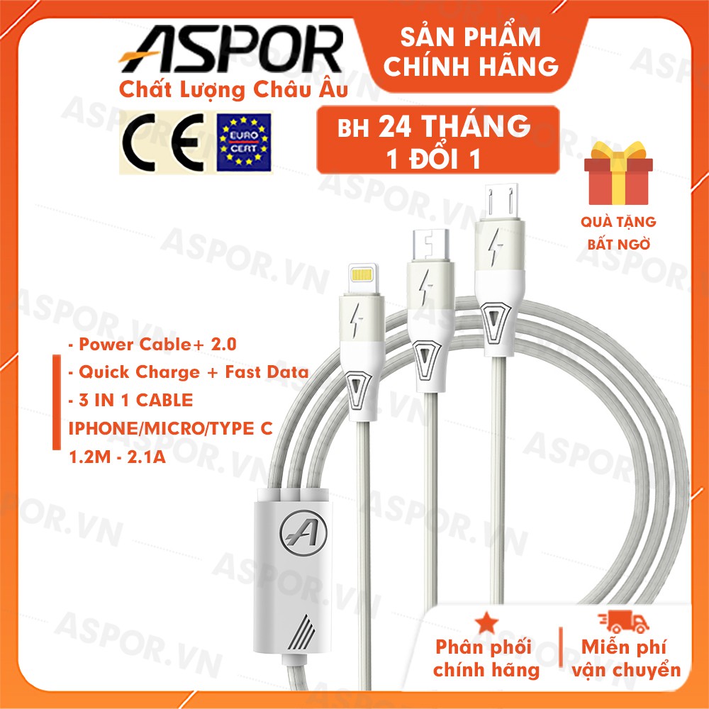 Cáp Sạc ASPOR 3 in 1 sạc nhanh 2.1A dài 1.2m  AC-21