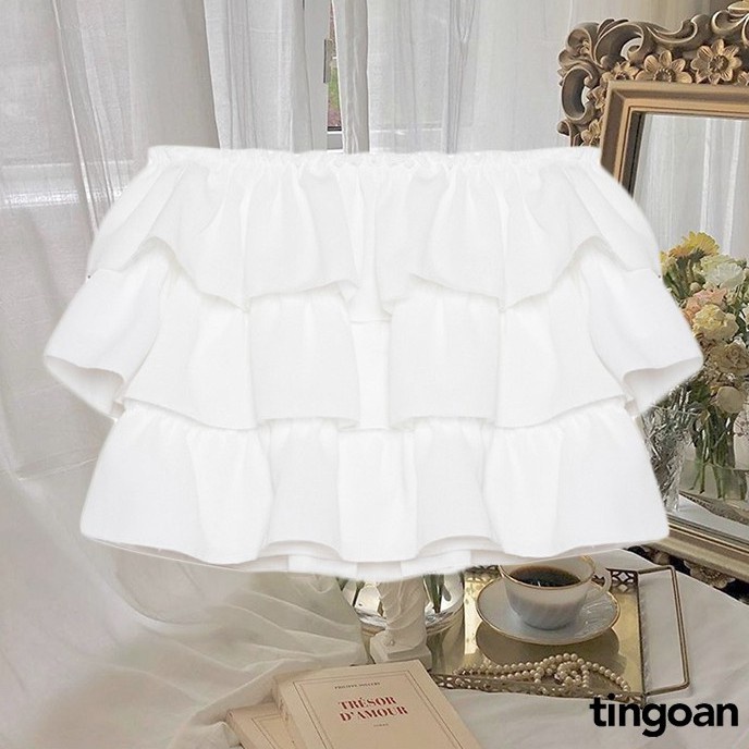 Áo trễ vai croptop 3 tầng đũi chống nhăn co dãn trắng tingoan BOY BYE OFF/WH - HÀNG MỚI VỀ