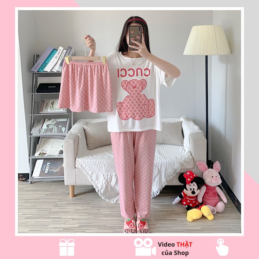 Bộ đồ ngủ, đồ ngủ nữ 3 chi tiết pijama thun sữa cotton hàng Quảng Châu siêu đẹp