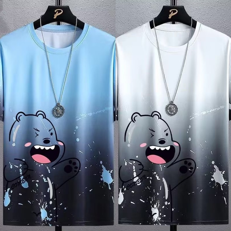 Áo Thun Tay Ngắn Cổ Tròn Bằng Lụa Lạnh In Hình Gấu Màu Gradient Thời Trang Mùa Hè Cho Nam Size M-5XL