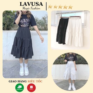 Chân váy dài qua gối chất đẹp nhất ngành - chân váy midi 3 tầng chất voan mềm đẹp Lavusa - CV10