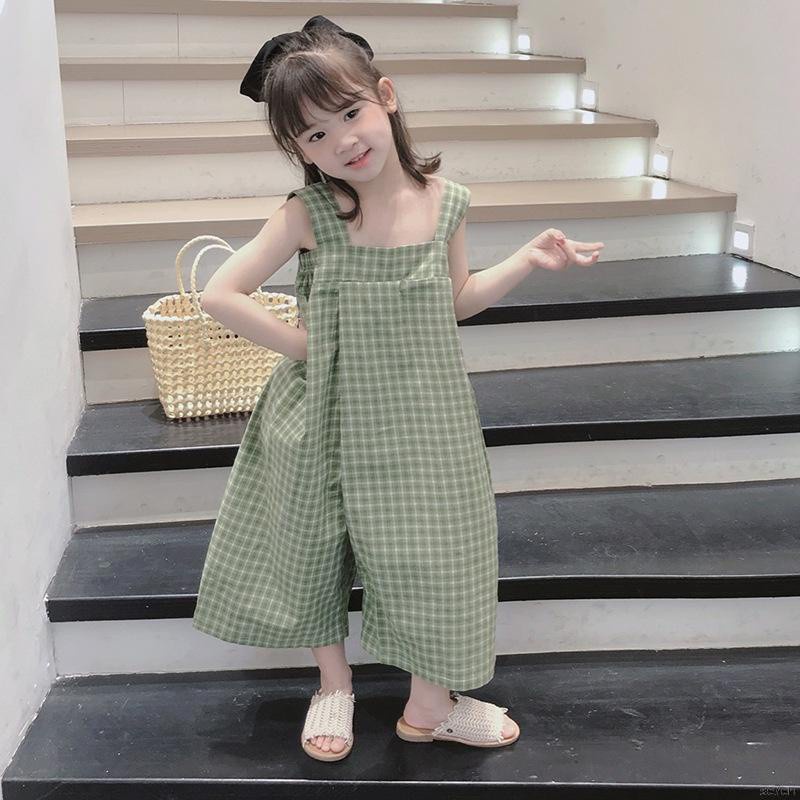 Bộ áo liền quần hai dây sọc ca rô phong cách Hàn Quốc cho bé gái từ 3-8 tuổi