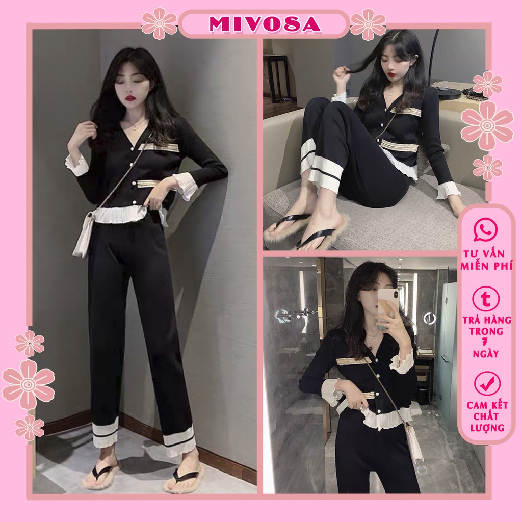 Set bộ len nữ ren viền bèo tiểu thư đồ bộ nữ len tăm dài tay cúc ngọc MIVOSA SR001