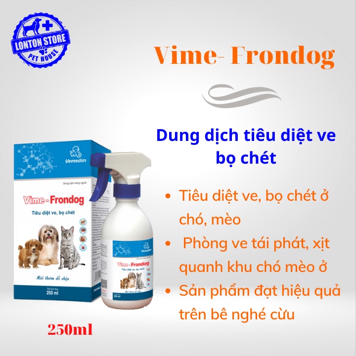 VEMEDIM Vime Frondog - Phun Xịt Tiêu Diệt Ve, Bọ Chét Cho Chó, Mèo, Trâu, Bò, Dê, Cừu  250ml - Lonton Store