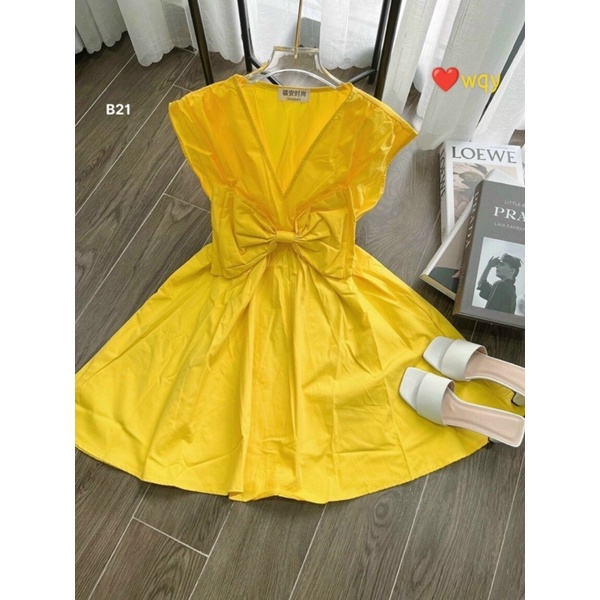 Đầm babydoll dáng bèo phối nơ - Đầm tiểu thư đính  trước ngực - Váy nữ dáng xoè