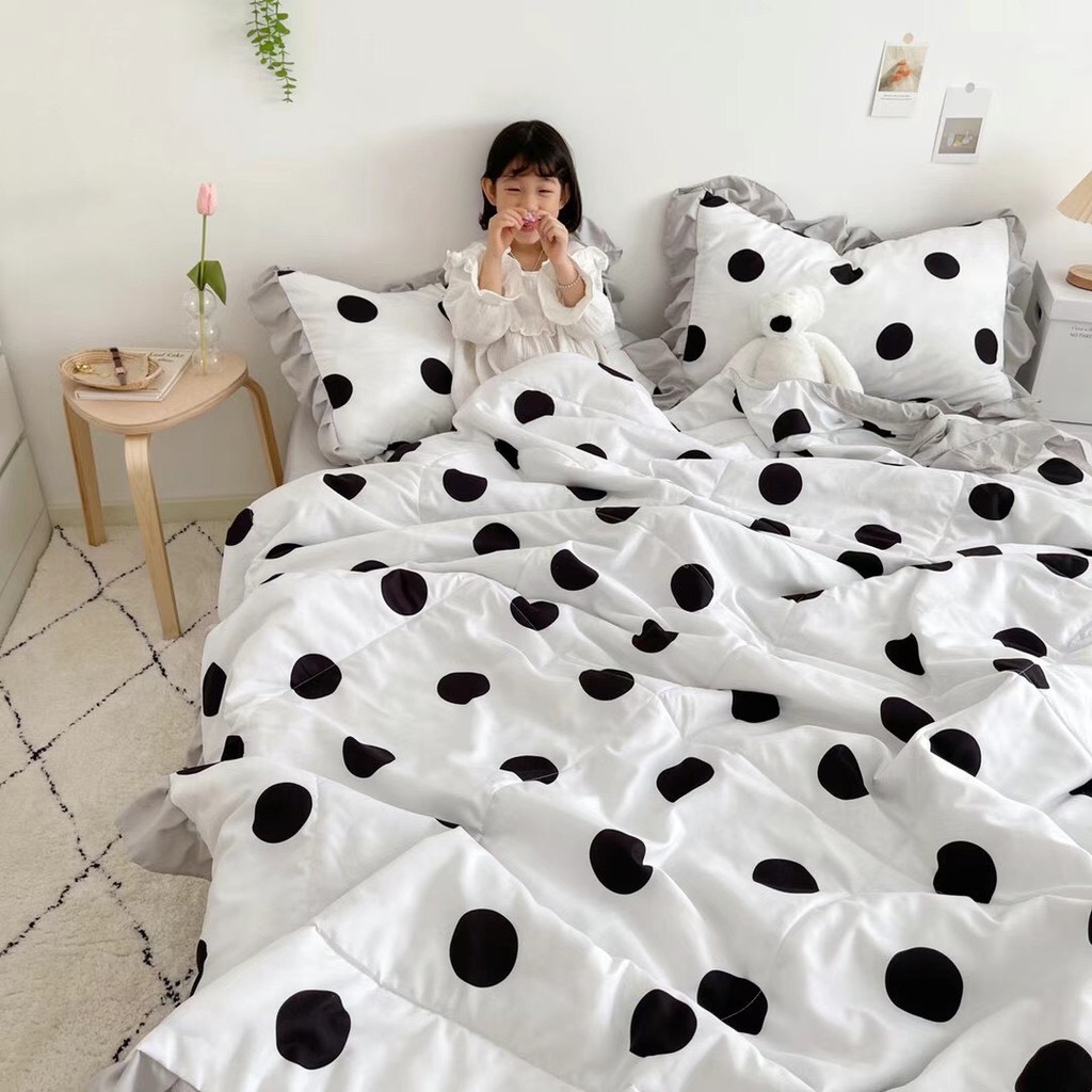 Bộ chăn ga gối Cotton đũi phối bèo M2T bedding chăn ga Hàn Quốc họa tiết chấm bi đen - chăn lót bông