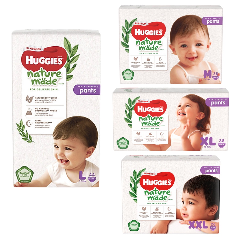 Tả Huggies Platinum Nature Made, Bỉm loại Quần Dán Size NB60 M64 M58 L44 L54 XL38 XL44 XXL26