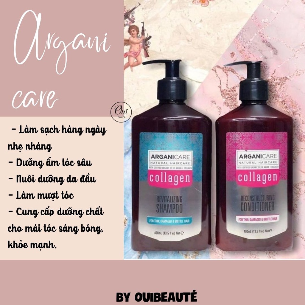 Bộ gội xả Arganicare Collagen, Cặp gội xả phục hồi tóc hư tổn 400ml Ouibeaute