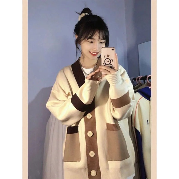 Áo Khoác Cardigan Dệt Kim Dáng Rộng Thêu Chữ Phối Màu Tương Phản Cá Tính Thời Trang