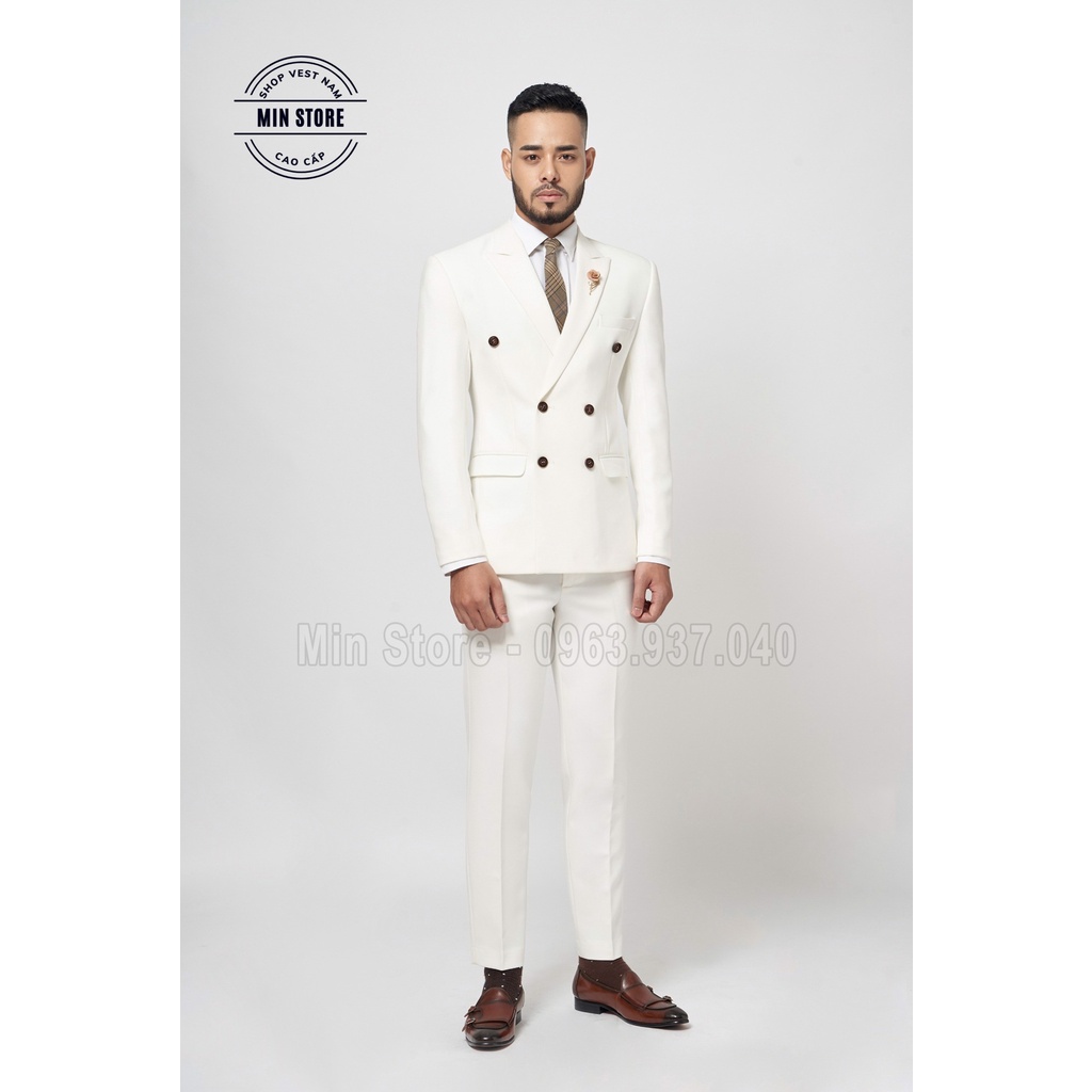 Vest Nam Hàn Quốc 6 Cúc Trắng, Áo Blazer Nam Trắng 2 lớp dày dặn