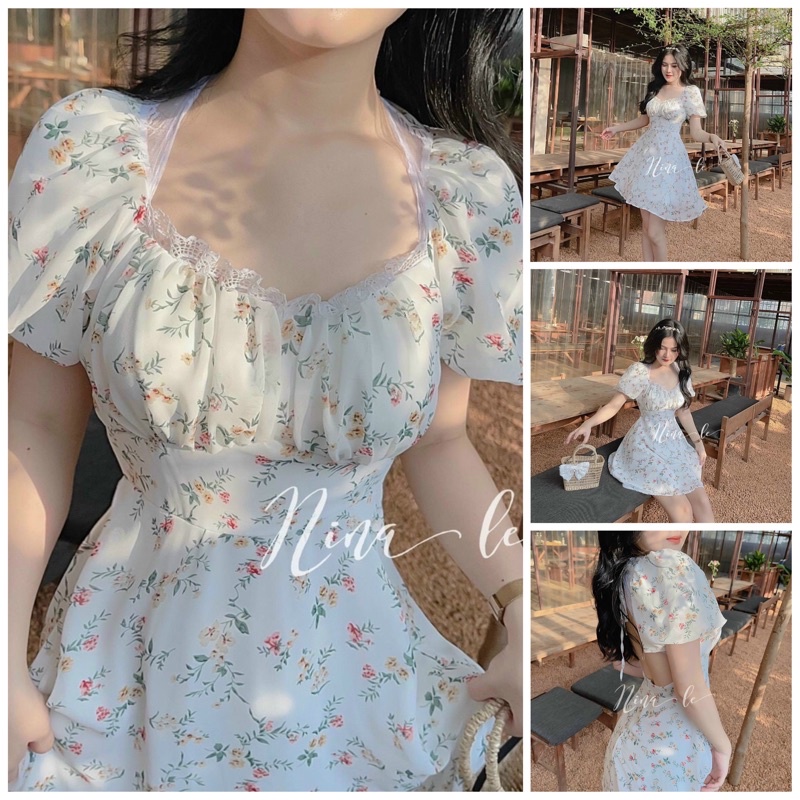 Đầm hoa voan viền ren cut out lưng 2 màu