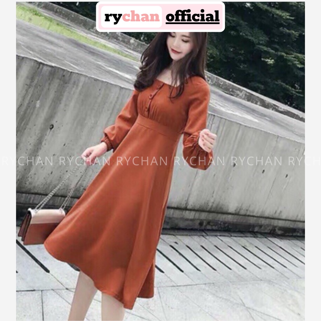[ẢNH THẬT CUỐI] DM637 - Đầm Maxi Cam Cổ Vuông Phối Tay Phồng