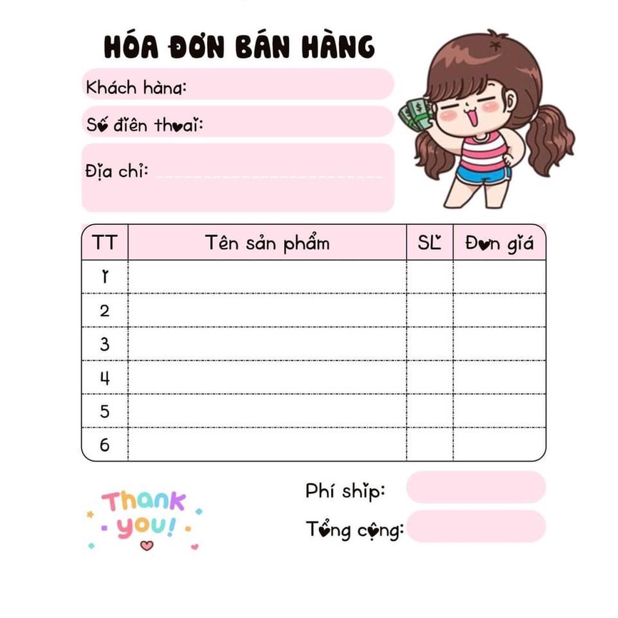 [10 CUỐN TẶNG 1 CUỐN] 10 cuốn Hoá Đơn Bán Hàng CHIBI HỒNG Mini Dễ Thương 9 x 10 cm.