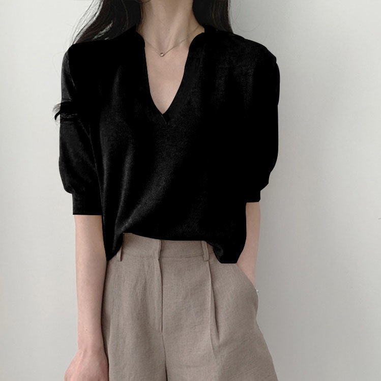 Bella Áo Sweater Lụa Mỏng Tay Ngắn Cổ Polo Phong Cách Retro