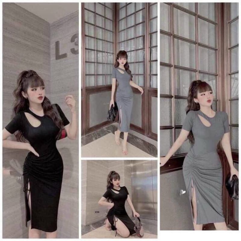 Đầm Thun Borip Ôm Body Tay Ngắn Khoét Ngực - Dáng Dài Xẻ Tà Rút Dây Sexy