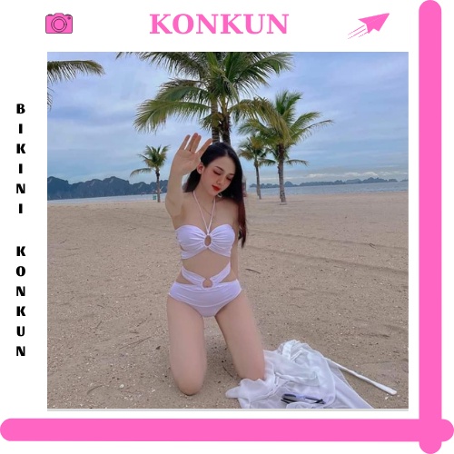 Bikini đi biển 2 mảnh màu trắng phối khoen KONKUN MS-37
