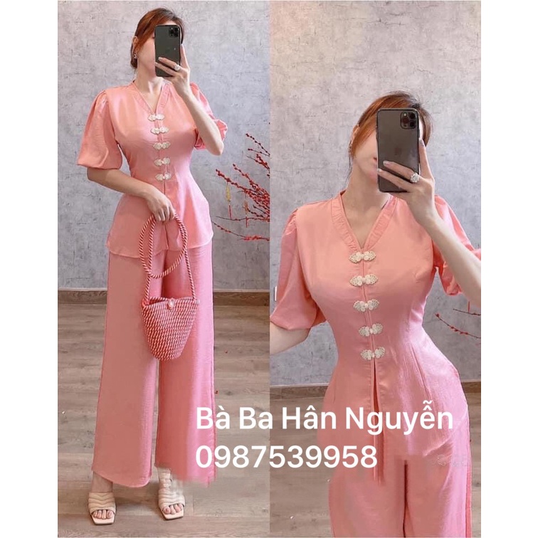 Bộ Lam Tay Phồng Cổ Tim - Hân Nguyễn Áo Bà Ba