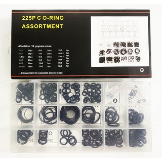 Hộp Ron, gioăng, doang, phom, pon cao su 225 chiếc, 18 kích cỡ ( Màu Đen)