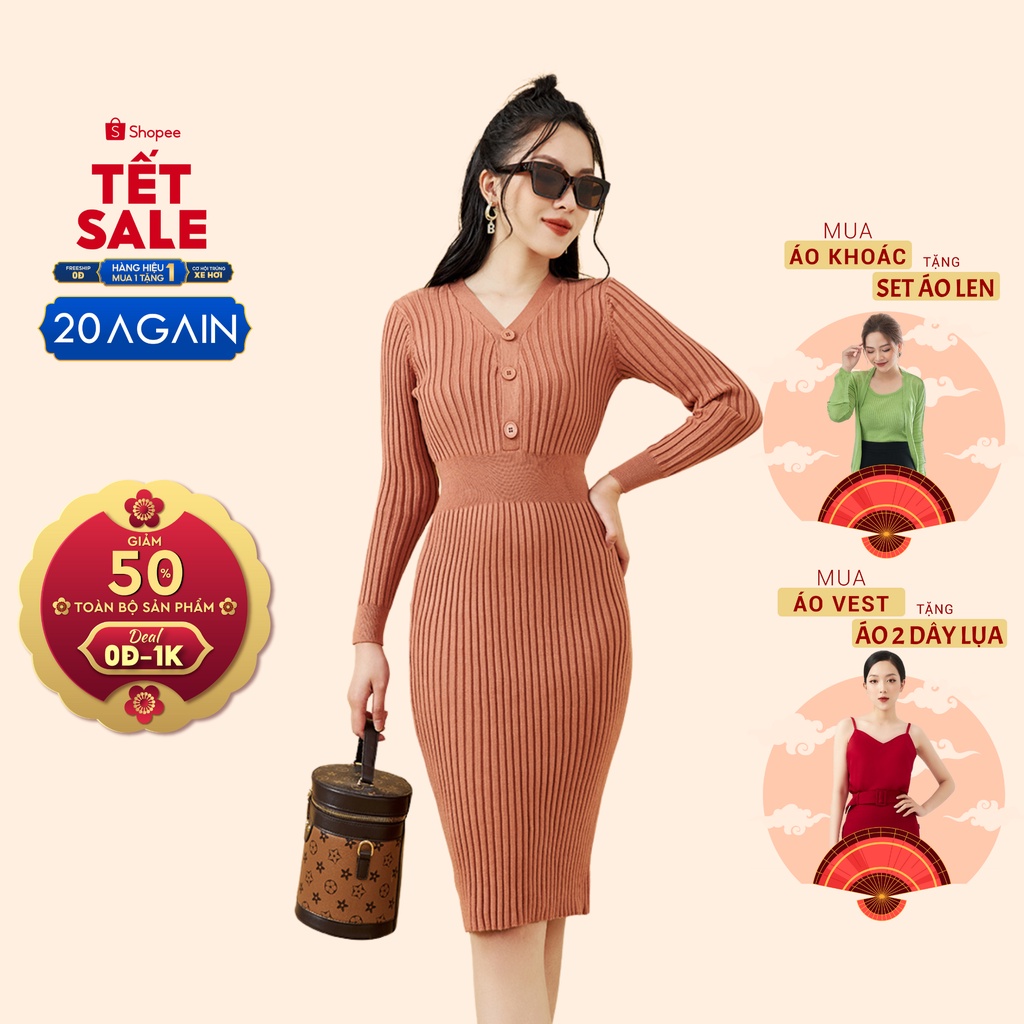 Váy len ôm body dài tay 20AGAIN, thiết kế basic, tôn dáng che khuyết điểm DLA0070 | BigBuy360 - bigbuy360.vn