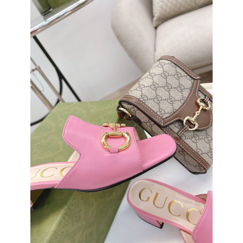 Guốc thời trang nữ da thật mũi vuông gót 2,5/5,5cm gắn quai xích G-C Gucci