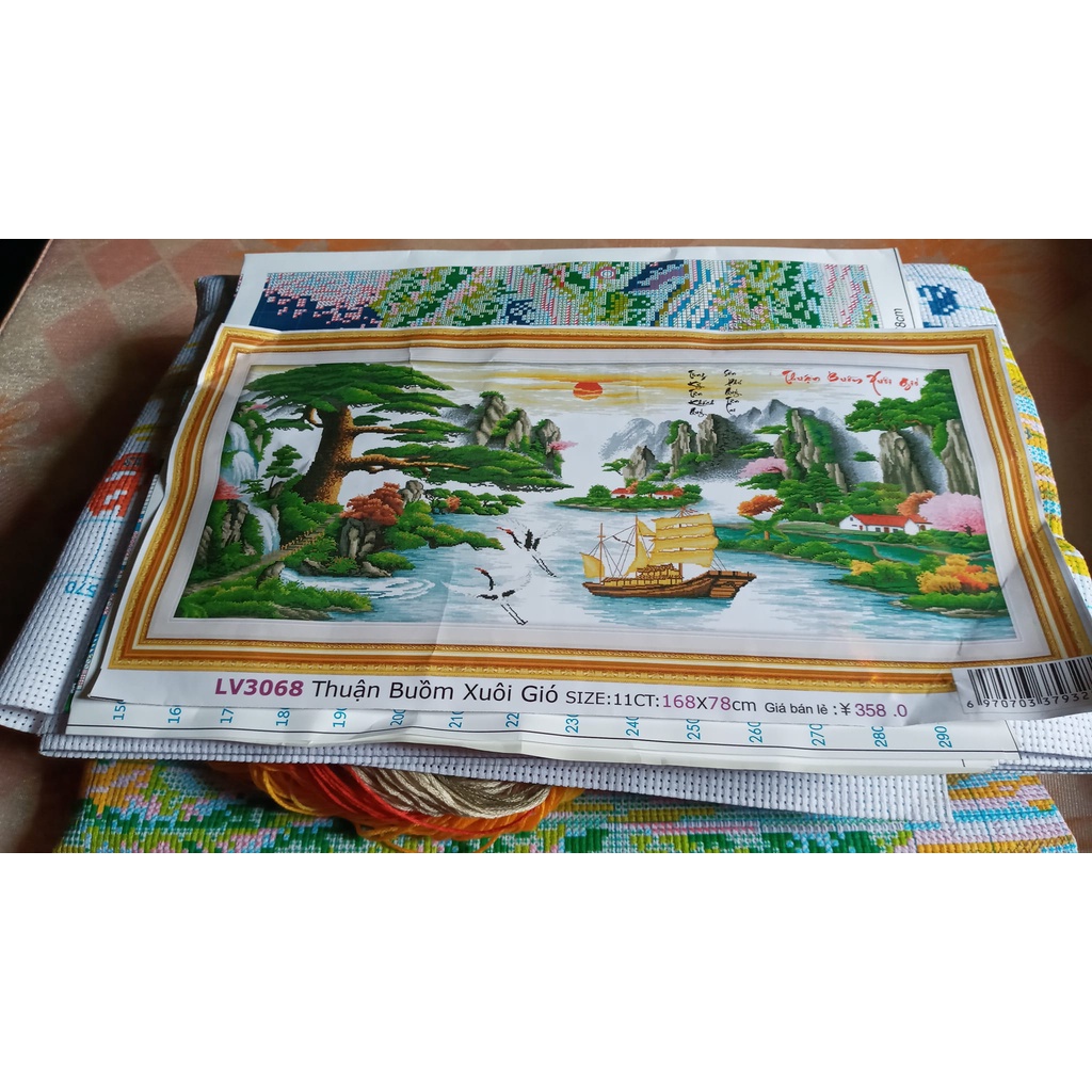 Tranh thêu chữ thập phong cảnh thuận buồm xuôi gió KT:150x67cm,168x78cm, Tranh chưa thêu. Tặng kéo và xỏ chỉ.