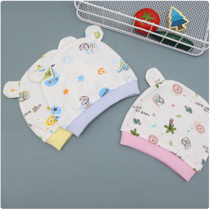 Mũ Che Thóp Cotton Cho Bé Sơ Sinh, Mũ Cotton Hữu Cơ Tự Nhiên Giữ Ấm Đầu,Chi Tiết Hoạt Hình Dễ Thương