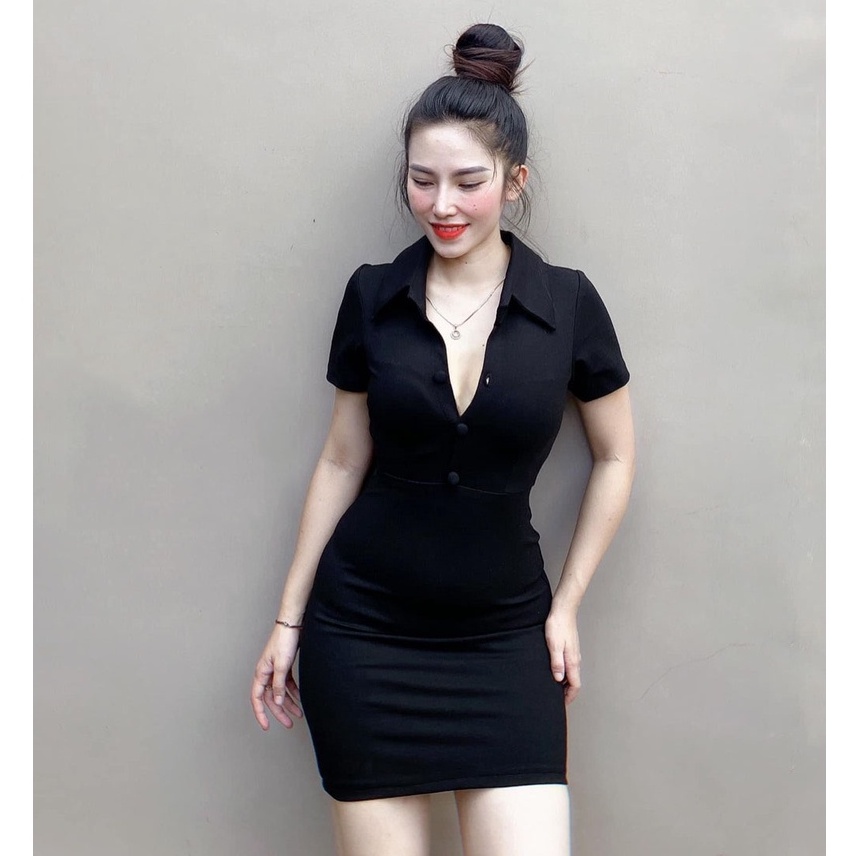 Đầm Ôm Body Cổ Sơ Mi Tay Ngắn Cài Nút Ngực,Chất Liệu Umi,Váy Nữ Ôm Body Phù Hợp Mọi Phong Cách