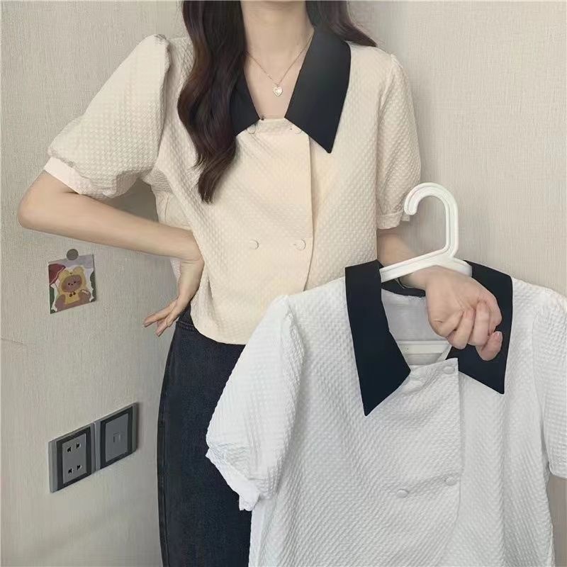 Áo Sơ Mi Tay Ngắn Màu Sắc Tương Phản Phong Cách Hàn Quốc