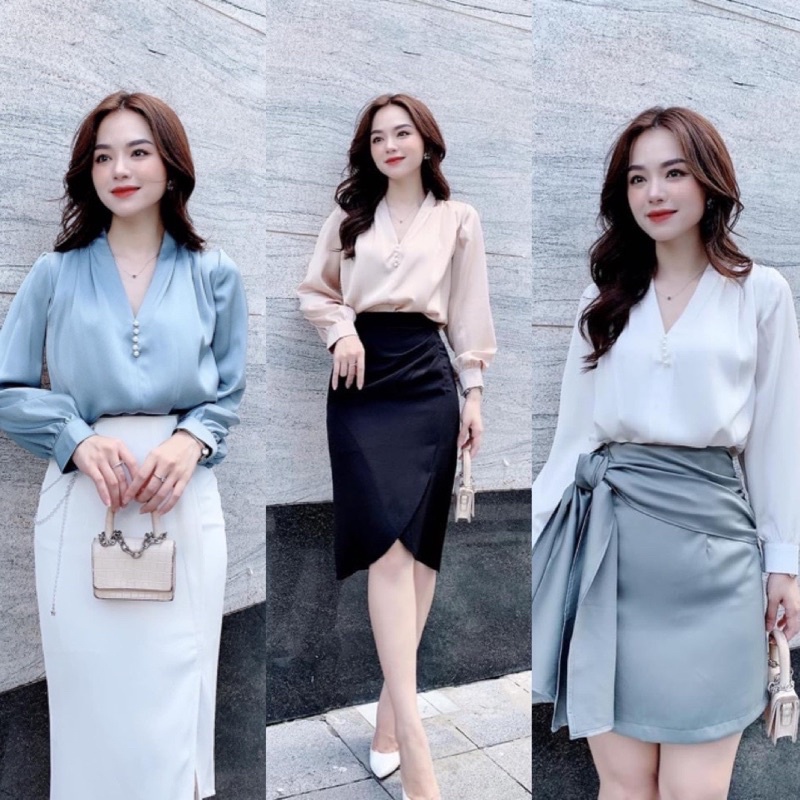 BÁN SỈ ÁO SƠ MI LỤA GUU CỔ V ĐÍNH NGỌC CHO NỮ 3 MÀU XANH TRẮNG BE